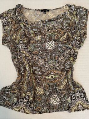 Premise Paisley Cap-Sleeve Top in Brown and Olive Large